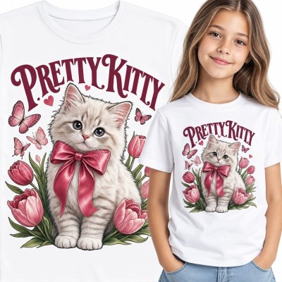 Koszulka dziewczęca z kotkiem „Pretty Kitty” - kwiaty i motyle