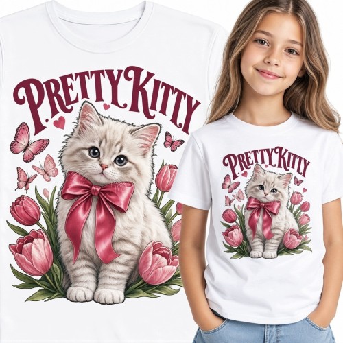 Koszulka dziewczęca z kotkiem „Pretty Kitty” - kwiaty i motyle