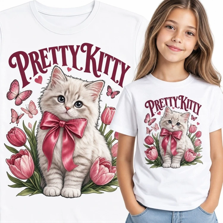 Koszulka dziewczęca z kotkiem „Pretty Kitty” - kwiaty i motyle