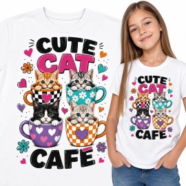 Koszulka dziewczęca z kotami w filiżankach „Cute Cat Cafe”