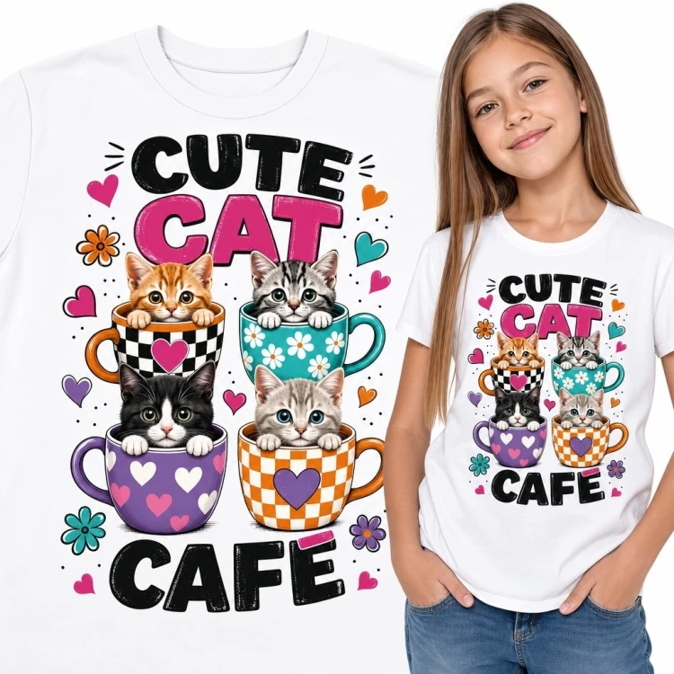 Koszulka dziewczęca z kotami w filiżankach „Cute Cat Cafe”