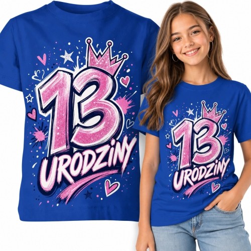 Koszulka dziewczęca na 13 urodziny - różowa liczba z koroną i napis „13 urodziny”