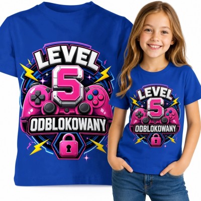 Kobaltowa koszulka dziewczęca na 5 urodziny „LEVEL 5 ODBLOKOWANY” - różowy kontroler i błyskawice