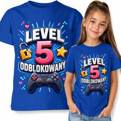 Koszulka dziewczęca na 5 urodziny - gamingowy nadruk „Level 5 odblokowany”