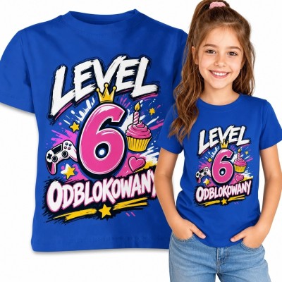 Koszulka dziewczęca „Level 6 odblokowany” na 6 urodziny - motyw gamingowy