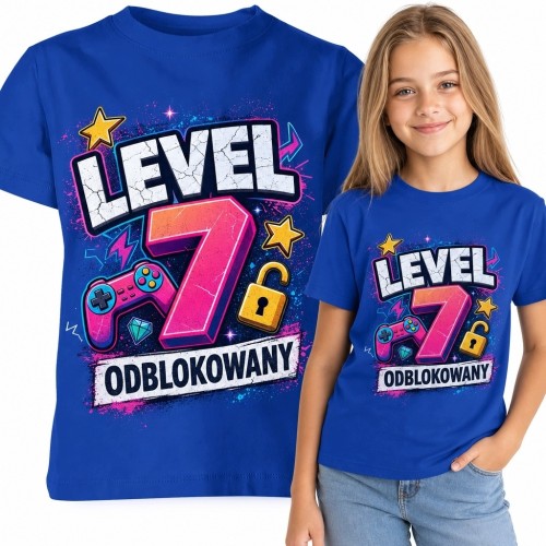 Koszulka dziewczęca gamingowa „Level 7 odblokowany” na 7 urodziny - kontroler i cyfra 7