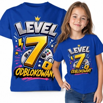 Koszulka dziewczęca na 7 urodziny „Level 7 odblokowany” - gamingowy nadruk