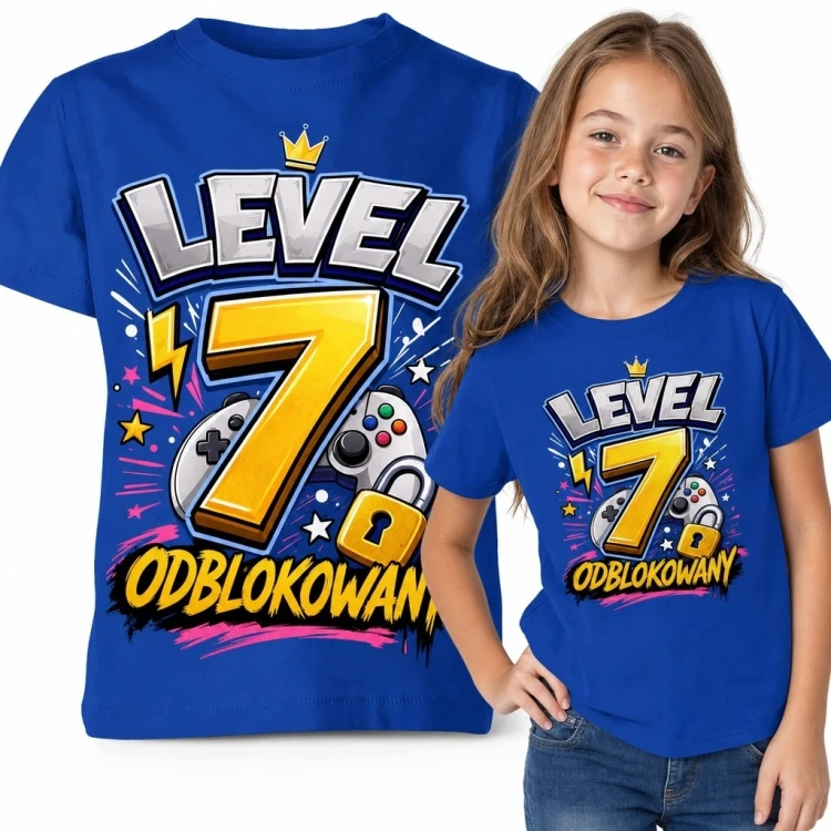 Koszulka dziewczęca na 7 urodziny „Level 7 odblokowany” - gamingowy nadruk