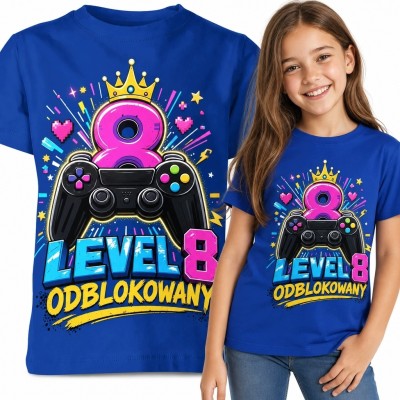 Koszulka dziewczęca na 8 urodziny „Level 8 odblokowany” - gamingowy kontroler
