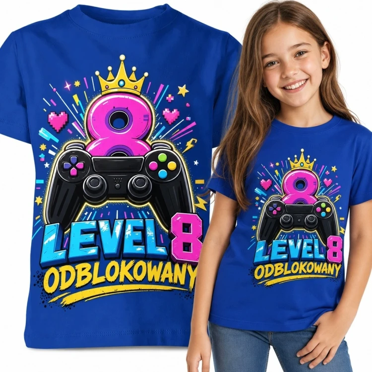 Koszulka dziewczęca na 8 urodziny „Level 8 odblokowany” - gamingowy kontroler