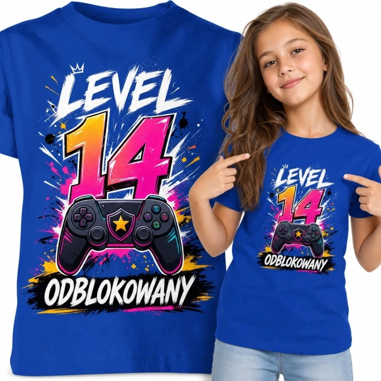 Koszulka dziewczęca na 14 urodziny „Level 14 odblokowany” - gamingowy kontroler