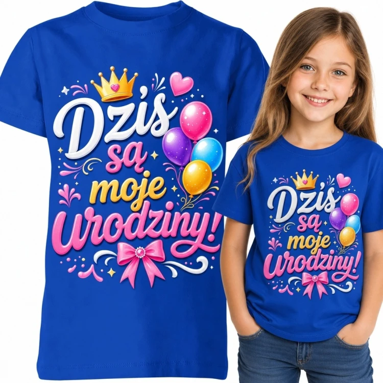 Koszulka dziewczęca na urodziny „Dziś są moje urodziny!” - kolorowy nadruk z koroną i balonami