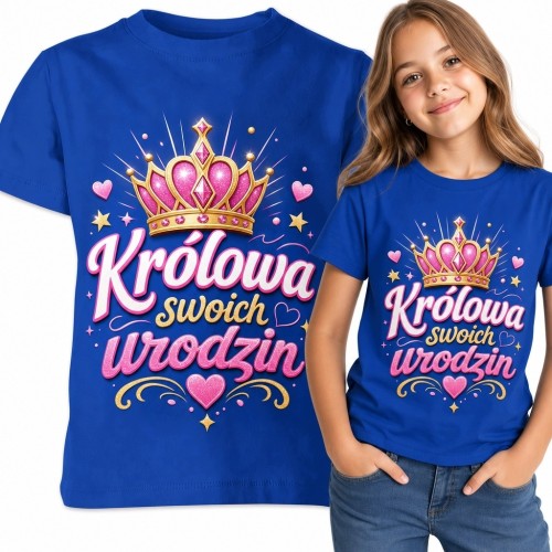 Koszulka dziewczęca na urodziny „Królowa swoich urodzin” - różowo-złota korona