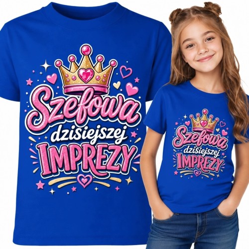 Koszulka dziewczęca z koroną i napisem „Szefowa dzisiejszej imprezy” - na przyjęcie