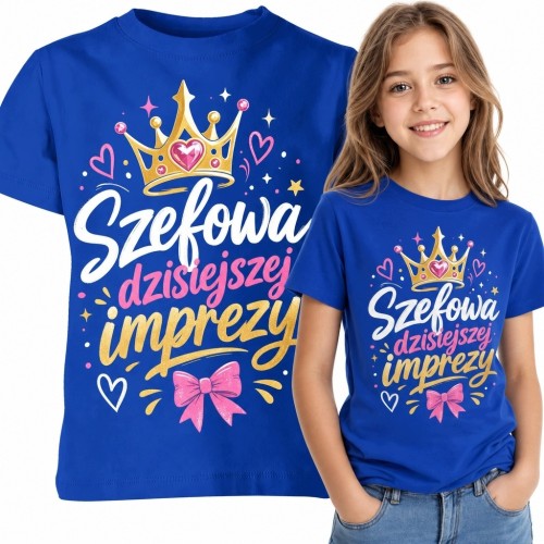 Koszulka dziewczęca z koroną „Szefowa dzisiejszej imprezy” - kolorowy wzór na przyjęcie