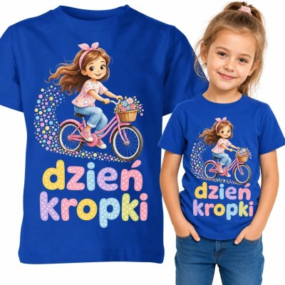 Koszulka dziewczęca „Dzień kropki” - rowerzystka i kolorowe kropki