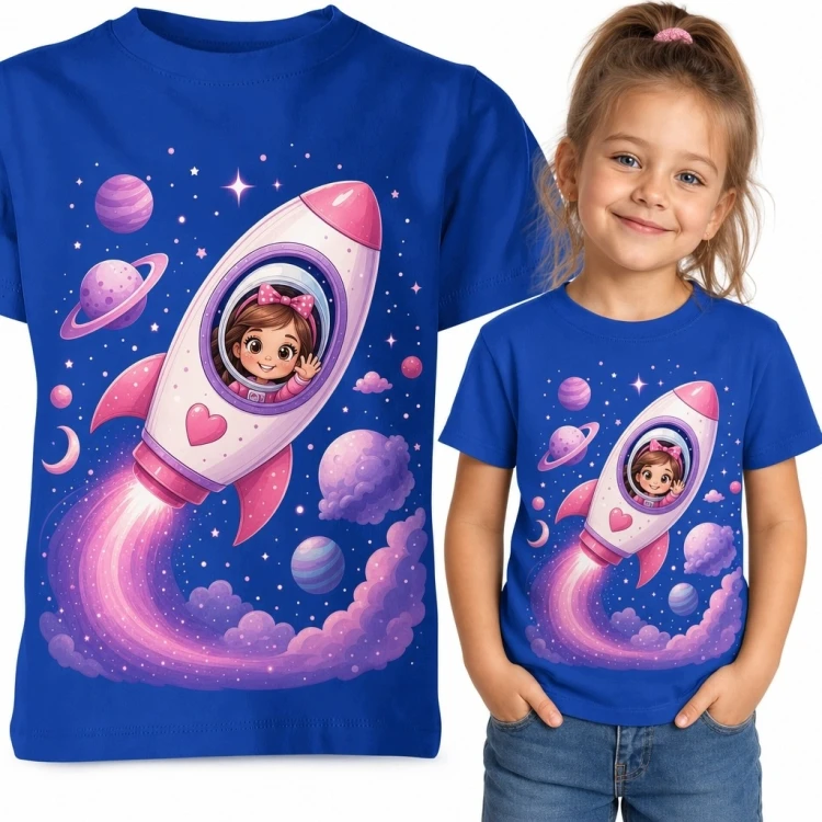 Koszulka dziewczęca z astronautką w różowo-białej rakiecie - pastelowy kosmos