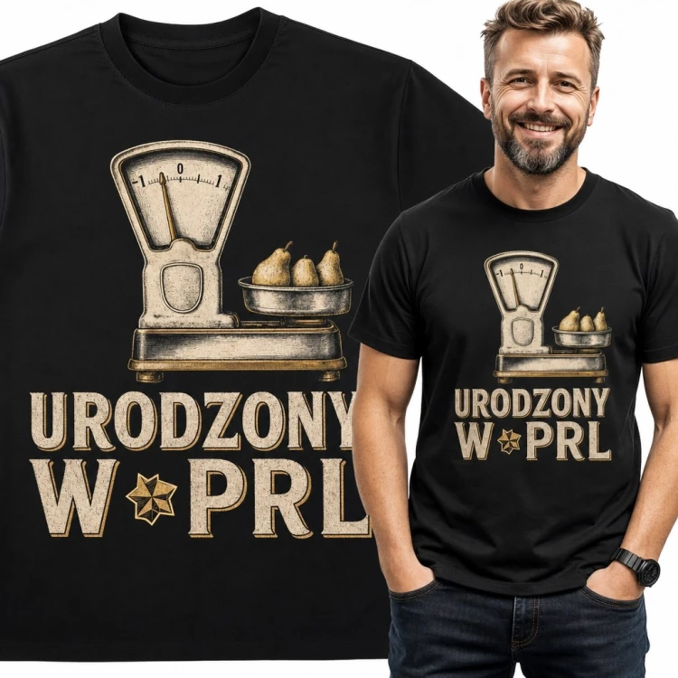 Koszulka męska „Urodzony w PRL” - mechaniczna waga retro