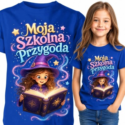 Koszulka dziewczęca „Moja szkolna przygoda” - czarodziejka z magiczną książką