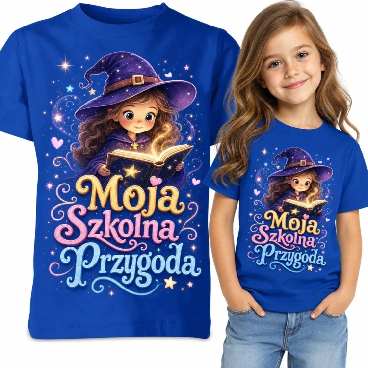 Koszulka dziewczęca z czarownicą „Moja Szkolna Przygoda” - magiczny motyw szkolny