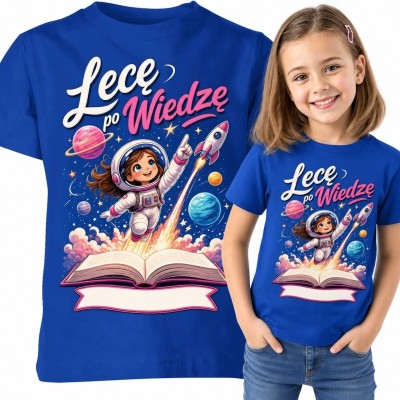 Koszulka dziewczęca z astronautką „Lecę po wiedzę” - kosmiczna nauka
