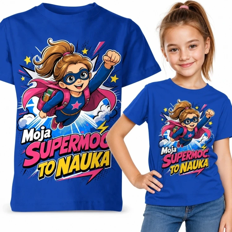 Koszulka dziewczęca z superbohaterką „Moja supermoc to nauka” - motyw szkolny