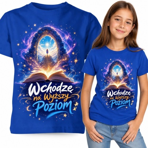 Koszulka dziewczęca z magiczną książką i portalem - „Wchodzę na wyższy poziom”
