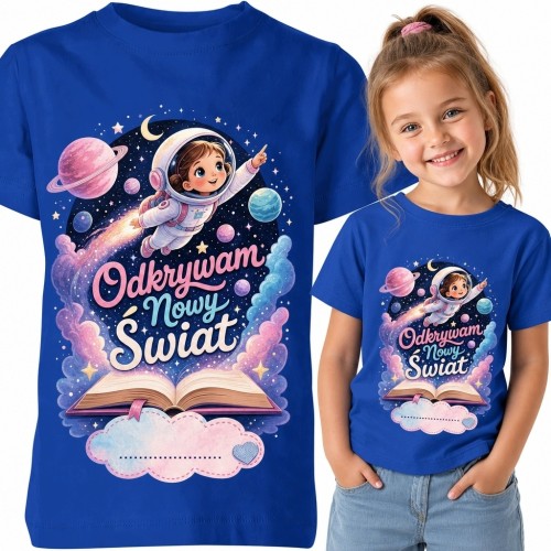 Koszulka dziewczęca z astronautką „Odkrywam Nowy Świat” - kosmos i książki