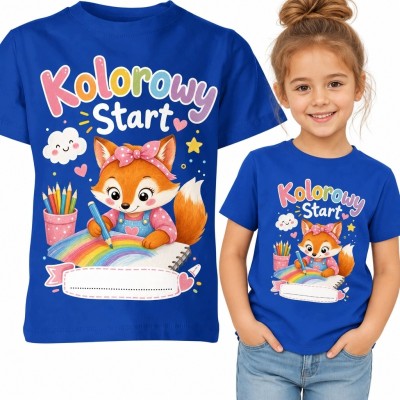 Koszulka dziewczęca „Kolorowy Start” - lisiczka z tęczą na rozpoczęcie szkoły