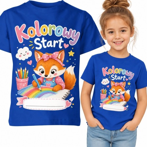 Koszulka dziewczęca „Kolorowy Start” - lisiczka z tęczą na rozpoczęcie szkoły