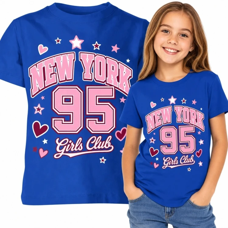 Koszulka dziewczęca „New York 95” - różowy nadruk varsity