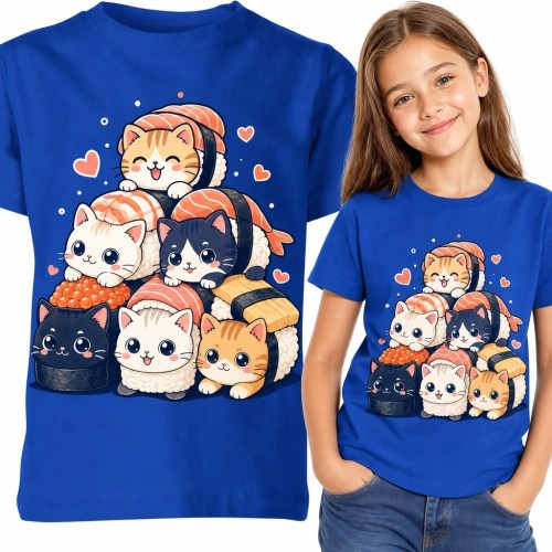 Koszulka dziewczęca z piramidą kotków sushi kawaii - niebieska
