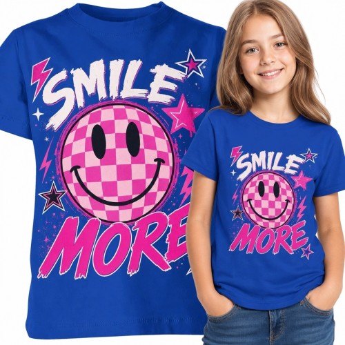Koszulka dziewczęca z buźką smiley i napisem „Smile More” - różowo-biała szachownica