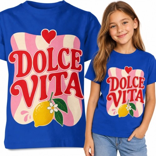 Koszulka dziewczęca z cytryną i napisem „Dolce Vita” - wakacyjny wzór retro