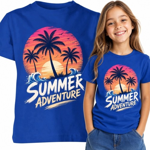Koszulka dziewczęca z palmami i zachodem słońca „Summer Adventure” - wakacyjny motyw