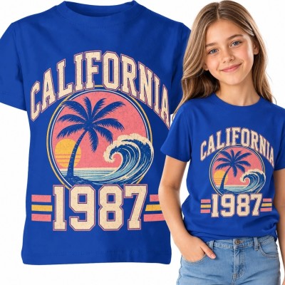Koszulka dziewczęca z motywem retro surf „California 1987” - palma i fala
