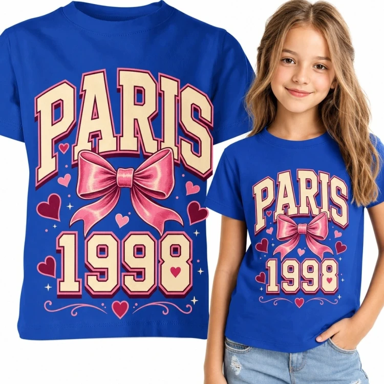 Koszulka dziewczęca „Paris 1998” - różowa kokarda i serca