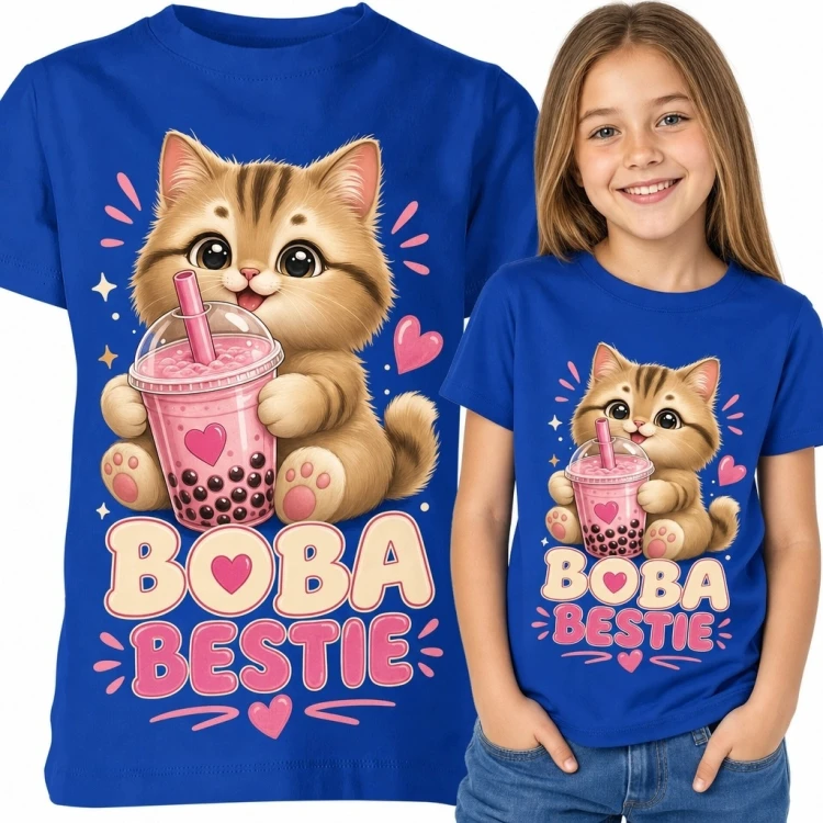 Koszulka dziewczęca z kotkiem i bubble tea „Boba Bestie” - wzór kawaii