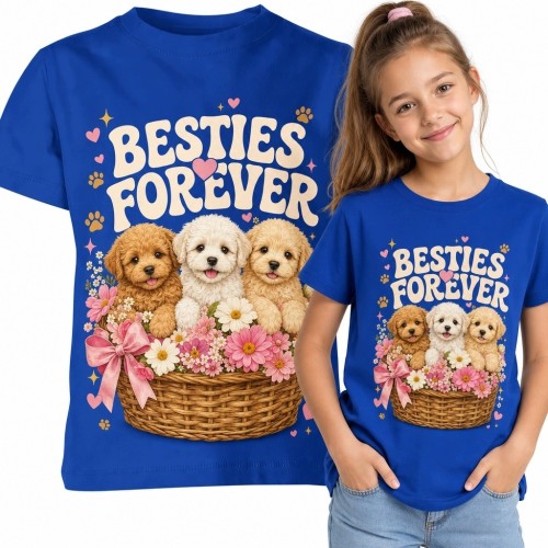 Koszulka dziewczęca z trzema szczeniakami „Besties Forever” - kwiatowy motyw przyjaźni