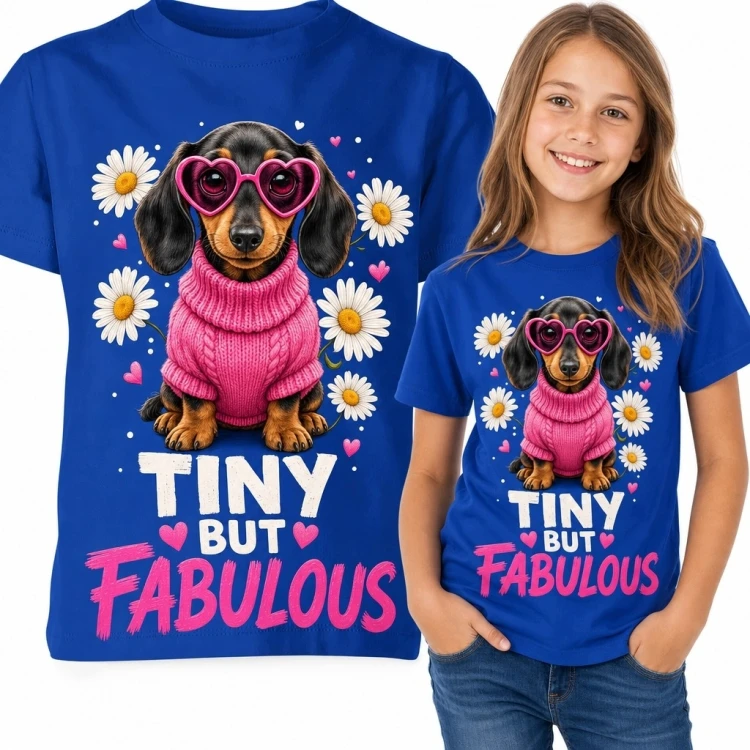 Koszulka dziewczęca z jamnikiem „Tiny but fabulous” - różowe serca i stokrotki