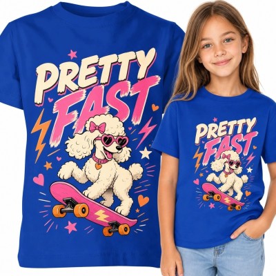 Koszulka dziewczęca z pudlem na deskorolce „Pretty Fast” - komiksowy wzór
