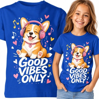 Koszulka dziewczęca z corgi „Good Vibes Only” - różowe słuchawki i biały napis na niebieskim tle