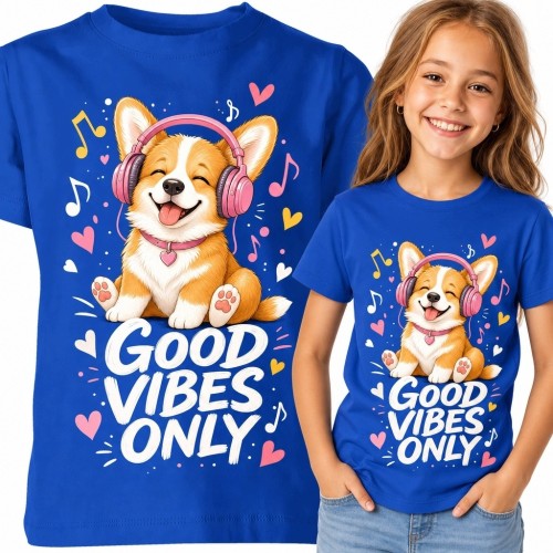 Koszulka dziewczęca z corgi „Good Vibes Only” - różowe słuchawki i biały napis na niebieskim tle