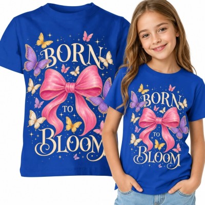 Koszulka dziewczęca z motylami i różową kokardą „Born to Bloom” - baśniowy nadruk