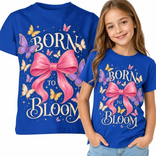 Koszulka dziewczęca z motylami i różową kokardą „Born to Bloom” - baśniowy nadruk