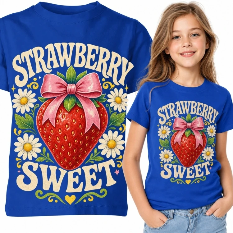 Koszulka dziewczęca z truskawką i kwiatami „Strawberry Sweet” - słodki wzór retro