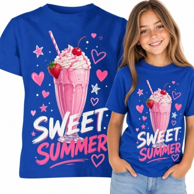 Koszulka dziewczęca z różowym koktajlem „Sweet. Summer” - wakacyjny motyw