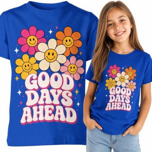 Koszulka dziewczęca z kwiatami „Good Days Ahead” - kolorowy wzór retro