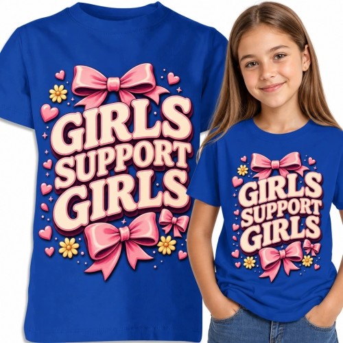 Koszulka dziewczęca „Girls Support Girls” z różowymi kokardami - motyw przyjaźni