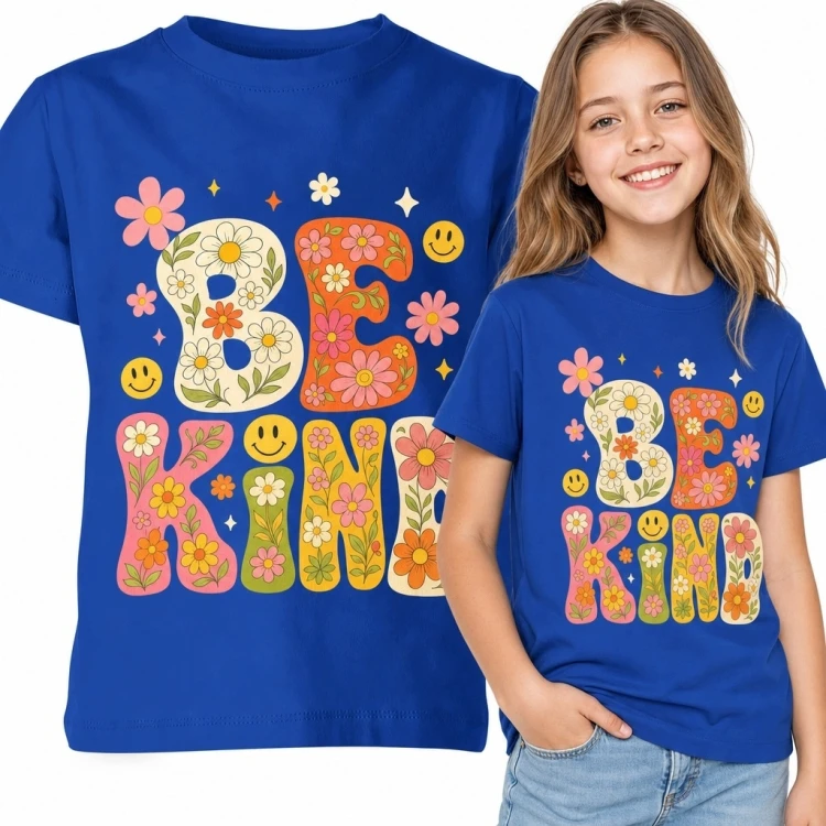 Koszulka dziewczęca z kwiatowym napisem „Be Kind” - retro smiley